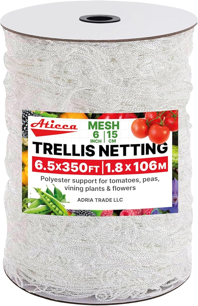 Trellis Netting 6.5 x 350 ft Heavy Duty Polyester Plant Support Netting White - 6 Inch Garden Rope Trellis on Roll - Mesh Twine for Growing Vine Climbing Plants, Flowers, Peas, and Tomatoes.