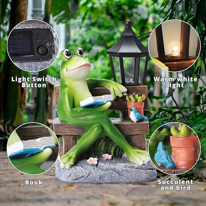 Outdoor Resin Frog Reading Statue, Solar-Powered Garden Decor, Art Deco Frog Sculpture for Mom, Grandma, Wife