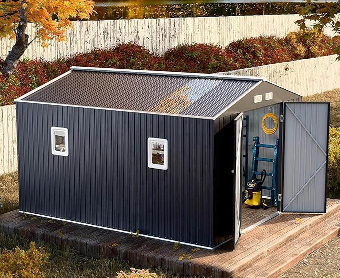 Restland 10x10 FT Outdoor Storage Shed with Floor Base Frame Reinforced Metal Shed with Clear Roof, Air Vent & Lockable Door Large Garden Tool Storage Sheds for Backyard, Garden, Lawn