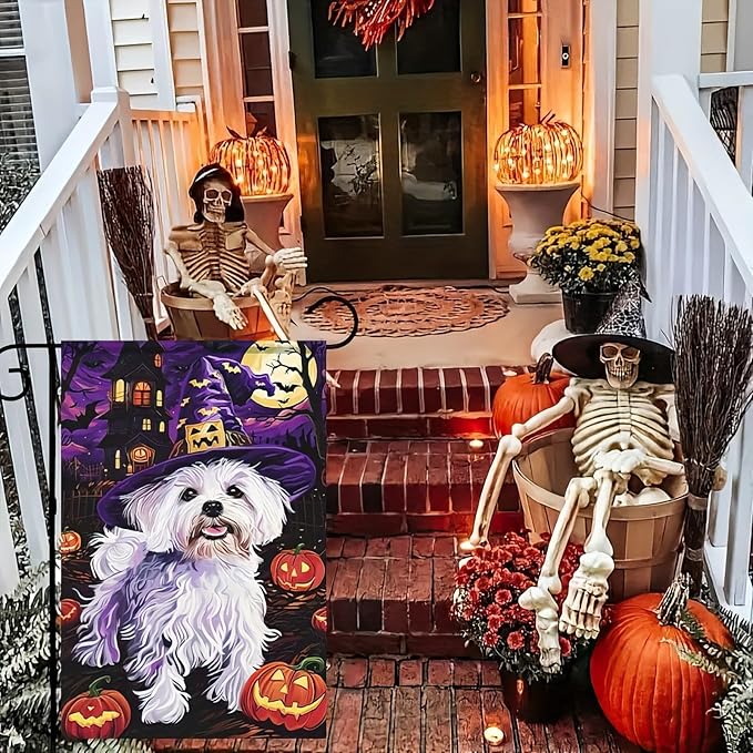 Halloween Decorations Outdoor Garden Flag 12x18 Inch Double Sided Maltese Dog Witch Hat Pumpkin Fall Decor Yard Lawn Porch Patio Halloween Garden Flags