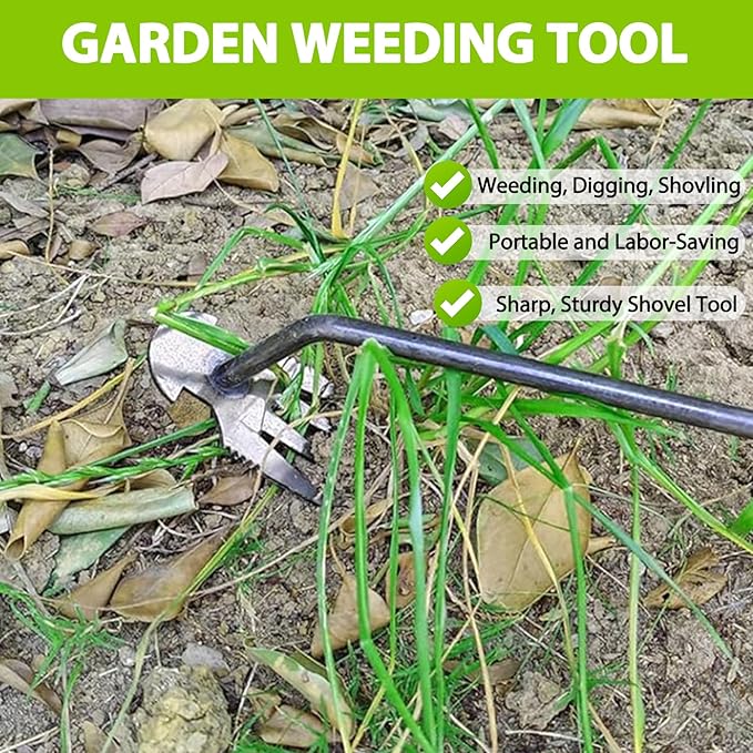 Generic 2PCS Weed Removal Tool, Garden Weeding Tools Manganese Steel Hand Weeder Tool with Rubber Handle, 4 Teethes Dual Purpose Manual Weeders Tool Weed Pulling Tool for Garden