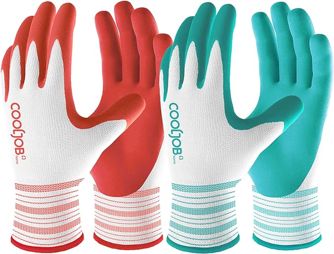 COOLJOB 2 Pairs Gardening Gloves for Women Ladies, Breathable Rubber Coated for Yard Garden, Outdoor Indoor Protective Work with Grip, Small Size, Red & Green