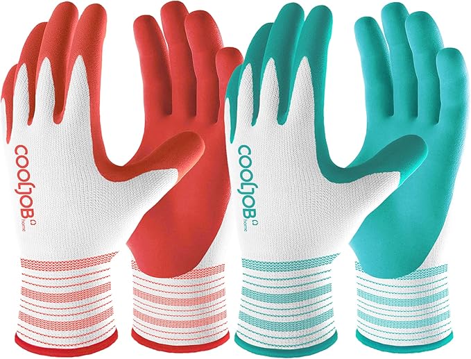COOLJOB 10 Pairs Gardening Gloves for Women Ladies, Breathable Rubber Coated for Yard Garden, Outdoor Indoor Protective Work with Grip, Medium Size, Red & Green