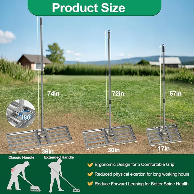 Lawn Leveling Rake Heavy Duty with 30"x10" Ground Plate, Steel Yard Lawn Rake Tool for Soil - Adjustable Effort Saving Handle, Metal Landscape Lawn Leveler for Garden, Topdressing & Seeding