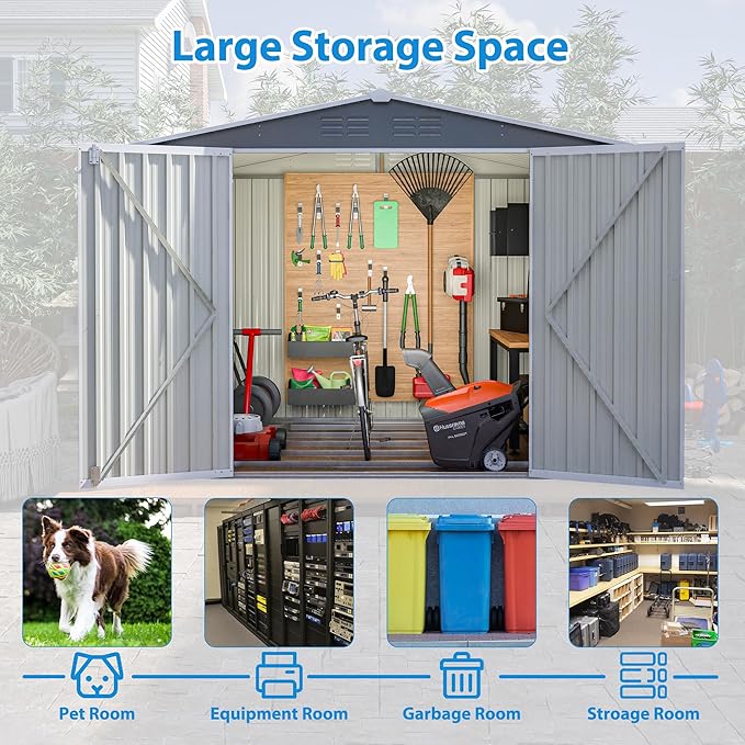 8x6 FT Outdoor Tool Storage Shed with Metal Foundation & Lockable Doors, All Weather Metal Sheds for Garden, Patio, Backyard, Lawn, Gray
