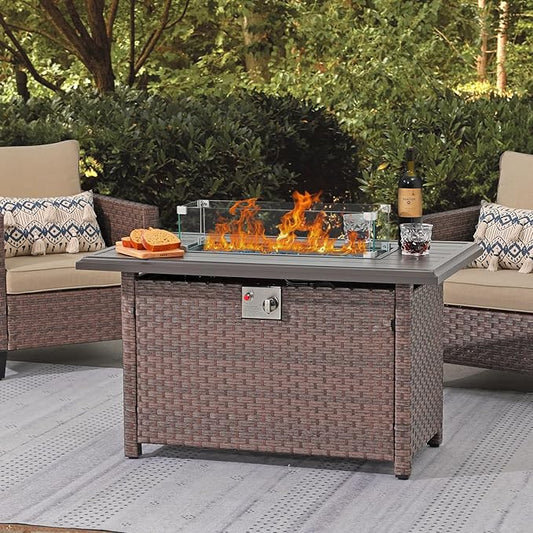 SUNSITT Outdoor Fire Pit Table 43 Inch Wicker Propane Fire Pit with Aluminum Tabletop 50,000 BTU Gas Firepit with Glass Wind Guard, Fire Glass, Lid, Cover, Brown Rattan