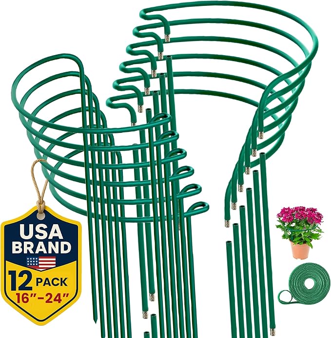 12 Pack Plant Support Stakes – Tall Plant Stakes for Indoor and Outdoor Gardens - Peony Cages and Supports - Cage Rings for Potted Flowers, Peony, Hydrangea, and Rose Bush (10" W x 16" - 24" H)
