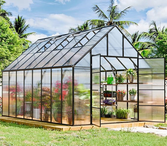 Outdoor Polycarbonate Greenhouse Kit,16x10x10 FT Large Outsides Aluminum Frame Heavy Duty Green House with Transparent Panels Windows Door for Backyard Garden,Walk in Plant Greenhouses,Black Frame