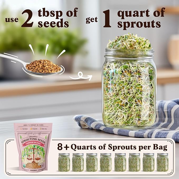 Seedboy Organic Sprouting Seeds - Hormone Balance Blend - Non-GMO USA Grown Microgreens Mix - Golden Flax, Red Clover, Fenugreek - Makes 8 Quarts of Sprouts, 24 Servings (8oz) (Hormone Balance Blend)