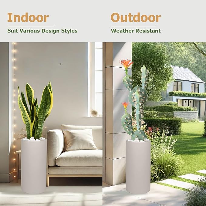 19.5"H x 9.8"D Tubo Fiberstone Cylinder Tall Planter with Drainage Hole, Smooth Finishes, Weather Resistant for Indoor and Outdoor Use, Included 2 Extra Coco Mats (Taupe, 8.2" Pot Opening)