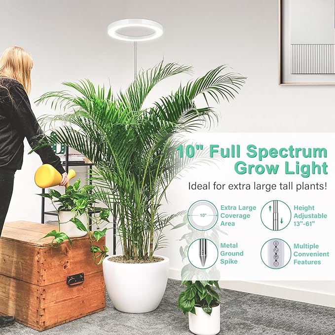 LORDEM 10" Grow Light for Indoor Plants, Full Spectrum Plant Lamp with 160 LEDs, 4H/8H/12H Timer, 10 Dimmable Levels, 3 Spectrum Modes, Height Adjustable 65", Ideal for Growing Large Tall Plants