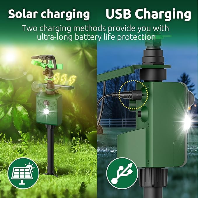 2 Packs Motion Activated Animal Repeller with Water Sprinkler, Solar Powered Deer Repellent Devices, IP65 Waterproof Cat Repellent Outdoor with Flashing Light, Deter Foxes Skunks Raccoons from Garden