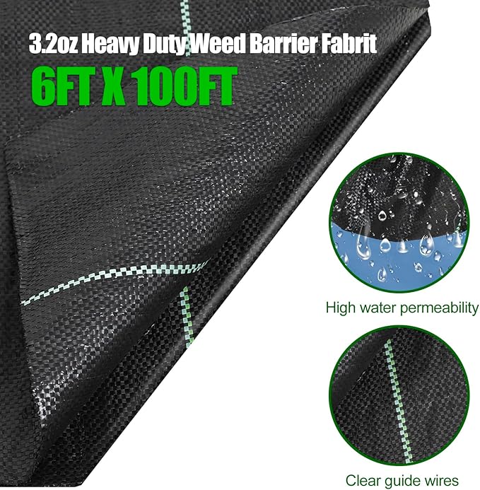6ft x100ft Black Weed Barrier Landscape Fabric Heavy Duty 3.2OZ French Drain Fabric Ground Cover Weed Cloth for Erosion Control，Outdoor Gardening Weed Control Mat