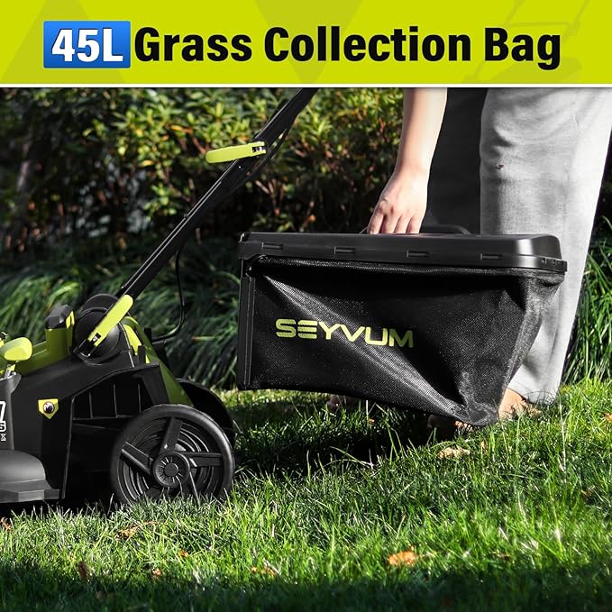 SEYVUM 40V 16-inch Cordless Lawn Mower with 45L Grass Collection Bag, 6 Position Height Adjustment Electric Lawn Mower, 20V 4.0Ah Battery Powered Push Lawnmower, 2.4A Fast Charger Included