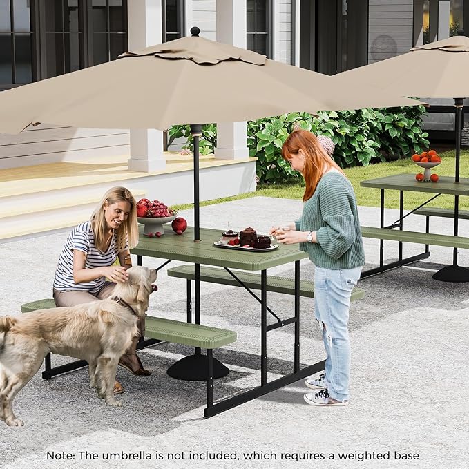 Giantex Picnic Table Bench Set for 4 People, 4.5FT Outdoor Rectangular Dining Table & 2 Benches w/Umbrella Hole, HDPE Tabletop, Metal Frame, Patio Garden Backyard Poolside (4.5FT,Non-Foldable,Green)