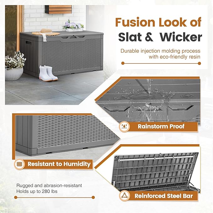 Greesum 100 Gallon Resin Patio Storage Box for Garden Tools, Outdoor Furniture Cushions, Pool Supplies, Gray