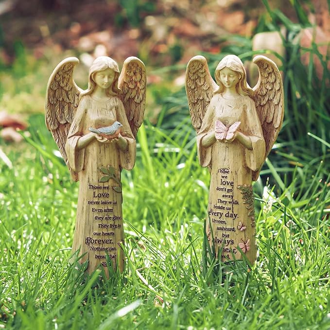 Garden Resin Angel Statue Holding with Bird, Patio and Lawn Decoration Outdoor Waterproof Sculpture Ornament for Angel Memorial Gifts Home Decoration, 10" H