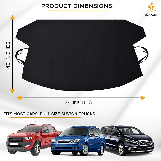 EcoNour Truck Windshield Cover for Ice and Snow (74"x43") | Snow Brush and Ice Scrapers for Car (1 Pack) with Scratch Free Bristle Head | Winter Car Kit for Pickup Trucks, Fullsize SUVs