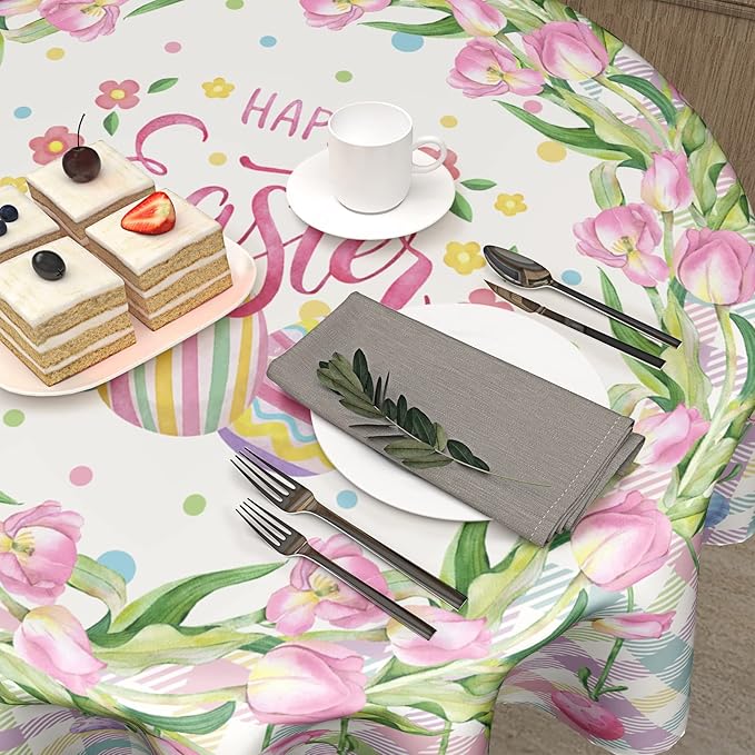 Giwawa Happy Easter Round Tablecloth 60inch -Watercolor Spring Flower Tulips Plaid Polyester Table Covers, Washable Indoor Table Cloths Holiday Decor for Farmhouse Kitchen Backyard BBQ Party