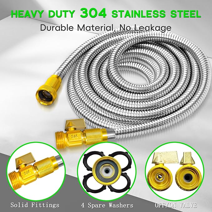 50FT Garden Hose Stainless Steel, Heavy Duty Flexible Metal Water Hose with 10-Function Nozzle, Lightweight & No-Kink Garden Hose, Durable Solid Fittings for Lawn, Car, RV, Outdoor Watering
