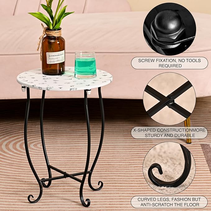 Patio Side Table, Versatile 14" Round Side Table Metal Stand for Balcony Yard Porch Bedside Rocking Chair and Pool Chair, Weather Resistant Accent Table for Indoor Outdoor Use, Easy Assembly