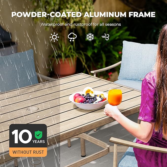 HAPPATIO 7-Piece Outdoor Dining Set for 6, Aluminum Patio Dining Set Includes 6 Dining Chairs and 1 Large Rectangular Table with Umbrella Hole, Patio Furniture Set for Lawn, Porch, Backyard, Brown