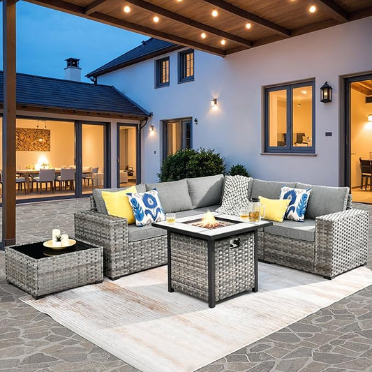 ovios 7 Pieces Patio Furniture Set, Outdoor Wicker Sectional Sofa with 30 Inch Fire Pit Table Comfy Cushions, Modern Modular Deep Seat Rattan Couch Conversation Set, Dark Grey