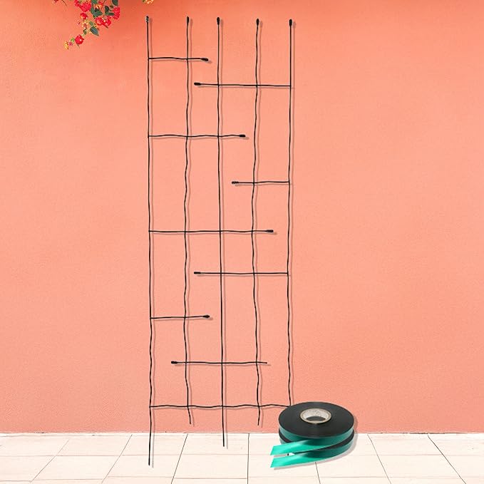Panacea Forged Twig & Leaf Trellis with Stretch Tie Wrap Kit | Decorative Black Metal Trellis for Climbing Plants | Includes 2 Rolls Green Stretch Tape | Durable Garden Plant Support & Outdoor Décor