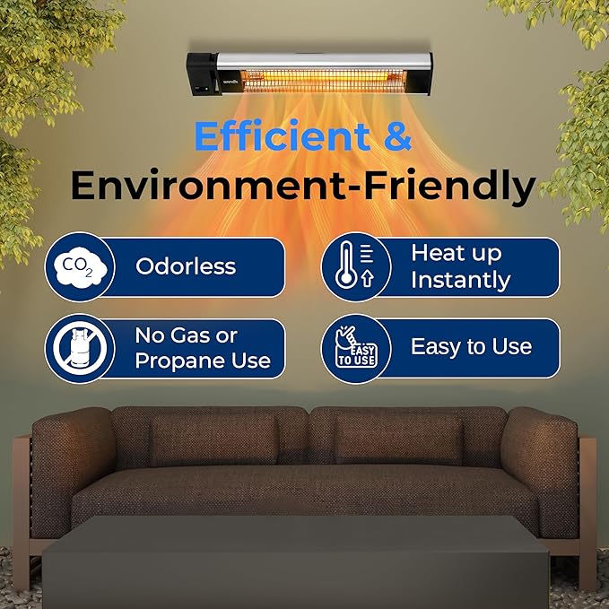 SereneLife Infrared Patio Heater, Wall-Mounted Electric Heater with Remote, 1500W, IP65 Approved, Odorless, Indoor/Outdoor for Patio, Restaurant, Backyard, Garage, Decks