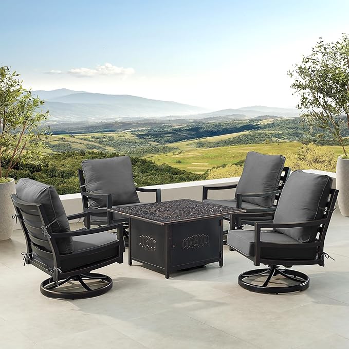 Oakland Living Black Aluminum Patio Fire Table Set with Four Club Chairs with Black Cushions