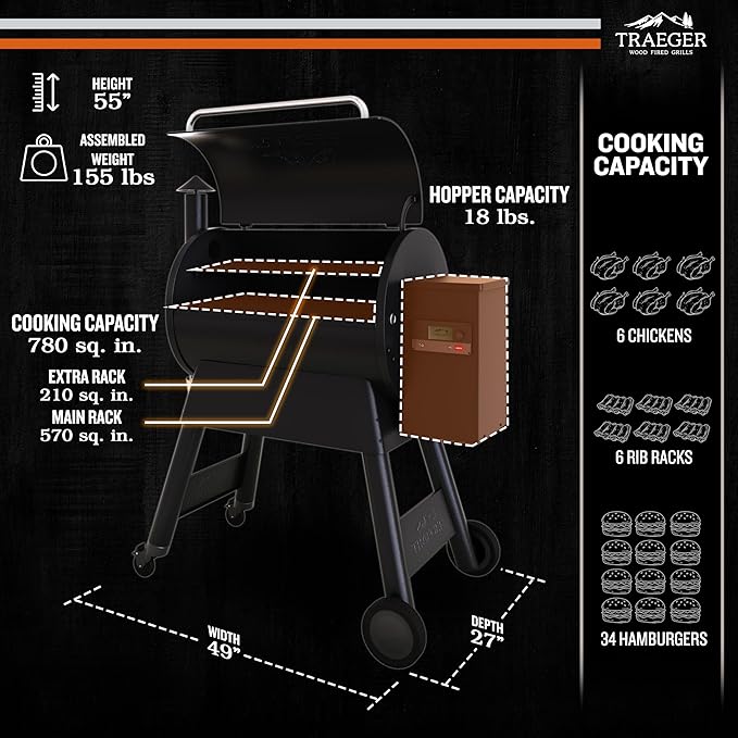 Traeger Grills Pro 780 Wood Pellet Smoker Grill, 6-in-1 BBQ Pellet Grill Combo, WiFi and App-Connected Electric Smoker, 780 Square Inches of Grilling Area, Temperature Control, Black Finish