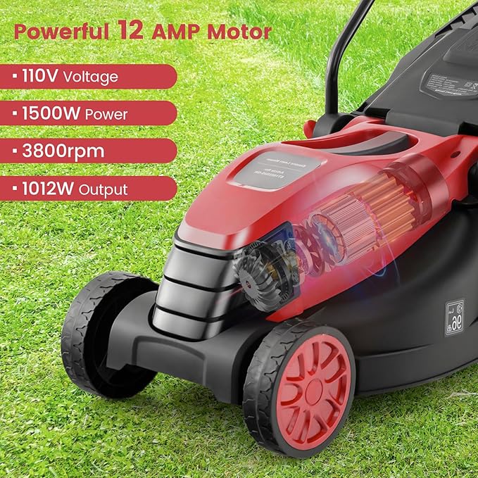 Goplus Lawn Mower, Electric Lawn Mowers with Grass Collection Box, 12 AMP Motor, 14" Cutting Deck, 3 Adjustable Cutting Positions, Walk-Behind Small Corded Lawnmower for Garden Farm Yard