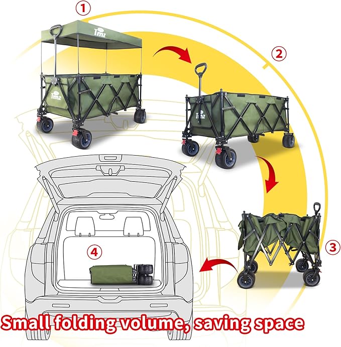 TMZ Collapsible Wagon 445L Extra Large Outdoor Utility Cart, Heavy Duty Carts Foldable with All-Terrain Big Wheels, Canopy and Brakes, Utility Beach Wagon for Outdoor Garden (Green)