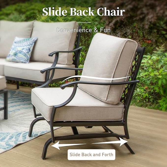 Patio Furniture Set, Modern Metal Outdoor Patio Furniture, 3 Seater Sofa, 2 Rocking Chairs, 2 Ottomans, Coffee Table and 5.75" Extra Thick Cushion, Patio Conversation Set for Backyard