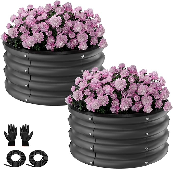 Round Galvanized Raised Garden Bed Kit, 2 Pcs 2 x 2 x 1ft Jett Black Galvanized Garden Boxes, Outdoor for Vegetables