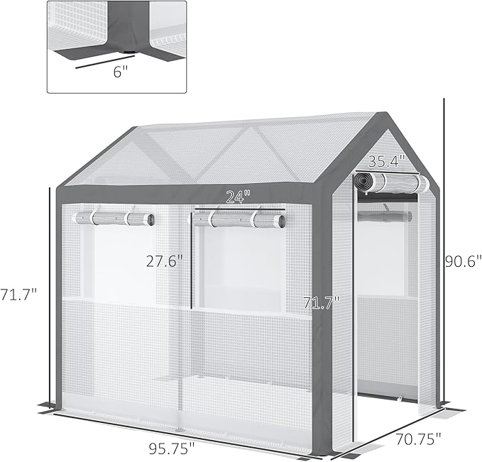 Outsunny 8' x 6' x 7.5' Walk-in Greenhouse, Outdoor Gardening Canopy with 6 Roll-up Windows, 2 Zippered Doors & Weather Cover, White