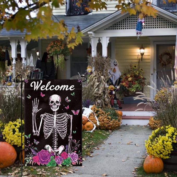 Halloween Garden Flag 12 x 18 Inch Double Sided Skeleton Rose Butterfly Designs Welcome Fall Autumn Burlap Yard Flag for Outside Rustic Yard Outdoor Holiday Home Decoration