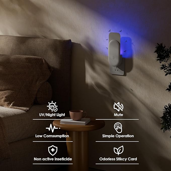 Fly Trap Indoor, 3 in 1 Plug-in Fruit Fly Trap, 4 Trap White and 20 Glue Cards, Fruit Fly Traps for Indoors, Flying Insect Trap for Gnat, Moth, Mosquito, Suitable for Every Part of The Home