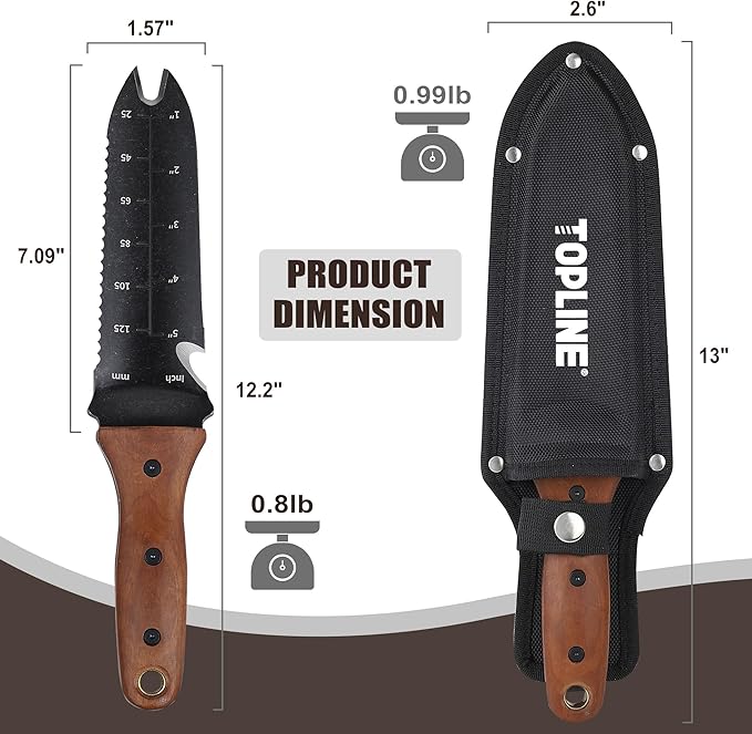 TOPLINE Hori Hori Garden Knife with Oxford Sheath, 7”Stainless Steel Blade with Cutting Edge, Full Tang Walnut Handle with Hanging Hole, Multifunctional Garden Tools for Weeding, Planting, Cutting