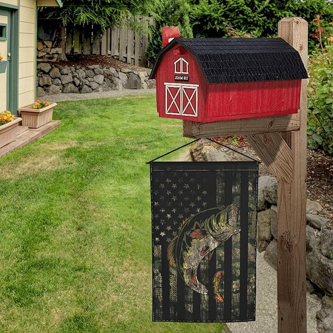 Bass Fishing Camo Camouflage American Flag Green Black Garden Flag Welcome Party Outdoor Outside Decorations Picks Home House Garden Yard Decor 12x18 Inch