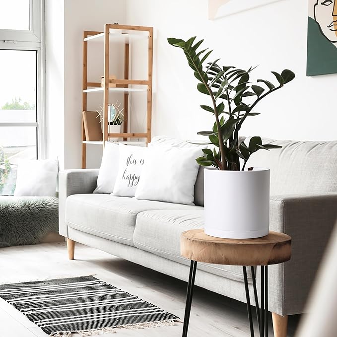 D'vine Dev 2 Pack 10 Inch Modern Plastic Plant Pots, Cylindrical Garden Planters for Plants with Drainage Holes and Saucers, White, 74-Z-N-1