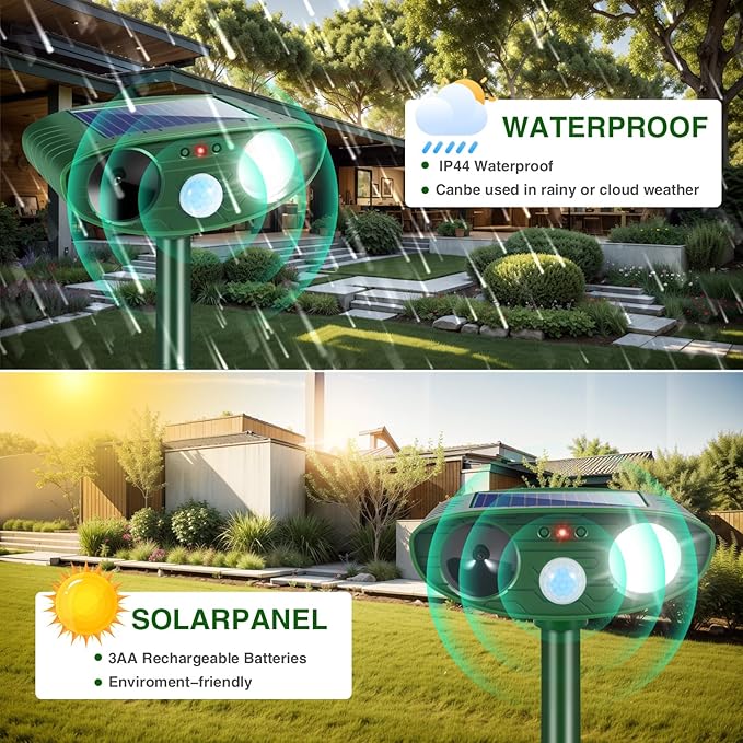 2Pack Solar Ultrasonic Animal Repellent Outdoor Deer Repellent Devices with Motion Detection&Flash Light Squirrel Rabbit Dog Cat Deterrent,Keep Rodent Chipmunk Raccoon Away for Yard Garden Lawn