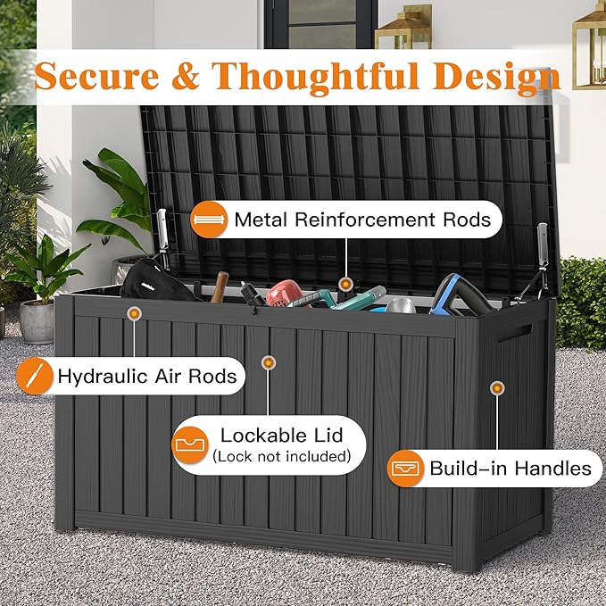 180 Gallon Outdoor Storage Box, Waterproof Deck Box with Handles and Lockable Lid, Resin Patio Storage Box with Hydraulic Rods for Garden Tools, Cushions, Black
