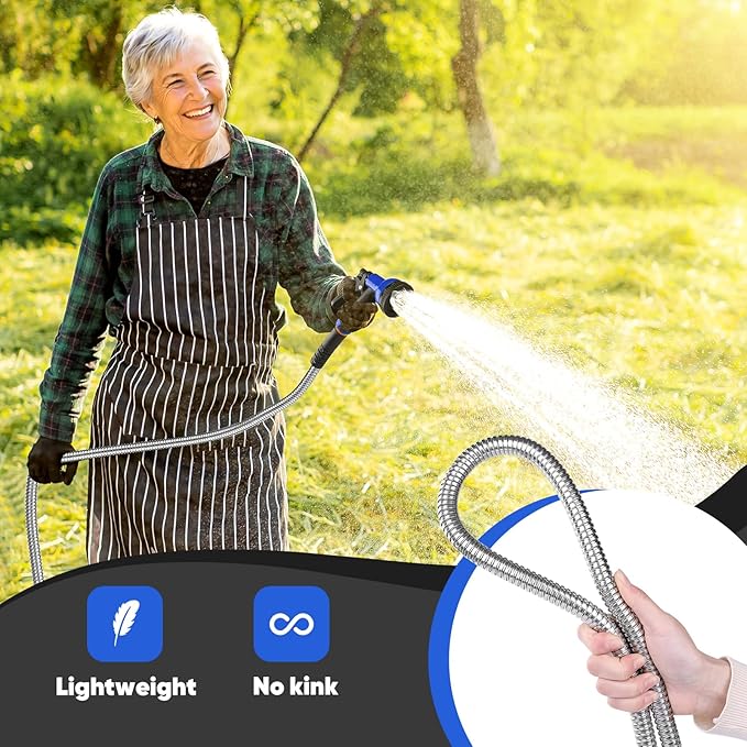 Garden Hose 75 ft, Stainless Steel Metal Water Hose with Adjustable 10-Mode Spray Nozzle, Lightweight Hose, No Kink, Leak-proof, Puncture Resistant for Yard, Outhood, RV