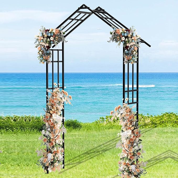 Metal Garden Arch Arbor Trellis Climbing Plants Outdoor Black Flat Top or Arch, Adjustable Width W42.52''~W78.15'', for Lawn Wedding Party Archway