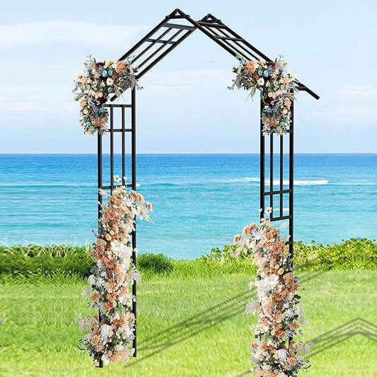 Metal Garden Arch Arbor Trellis Climbing Plants Outdoor Black Flat Top or Arch, Adjustable Width W42.52''~W78.15'', for Lawn Wedding Party Archway