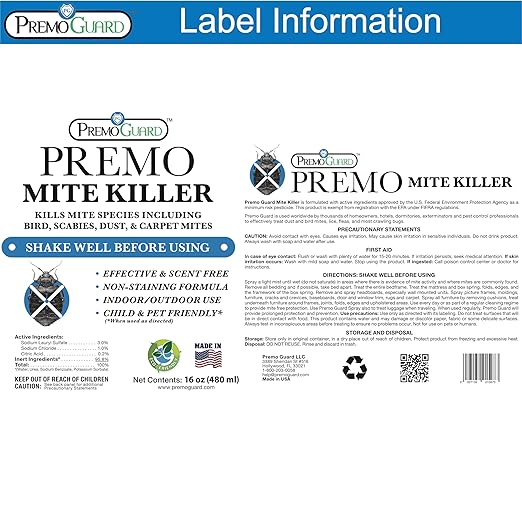 Premo Guard Mite Treatment Spray – 16 oz – Kills Dust, Scabies, Spider, Carpet, Bird, Mouse & Rat Mites in Home, on Furniture, Bedding – Natural Non-Toxic 100% Effective – Child & Pet Safe