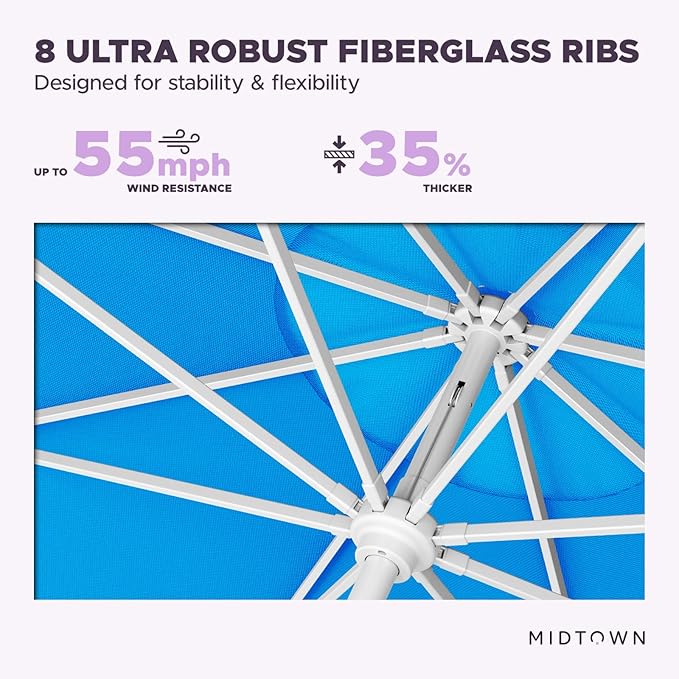 Midtown Umbrellas The Swilt 10 Feet Patio Umbrella in Terylast Cobalt (Blue) Polyester Fabric - Fiberglass Ribs, Auto-Tilt Aluminum Frame For Backyard, Deck, Garden, Pool - White Pole