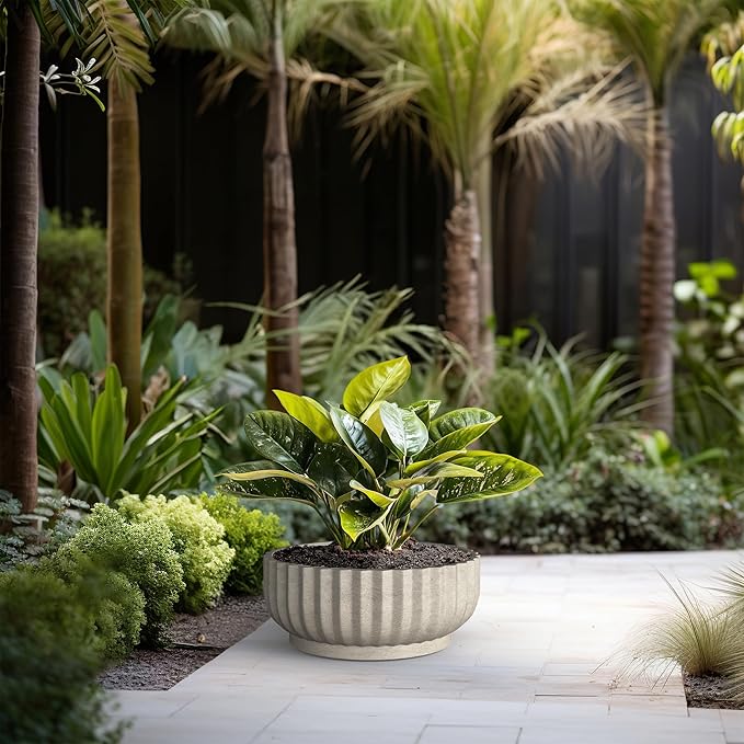 Kante Round Fulted Bowl Planter, 20.9 Inch Dia Large Concrete Flower Pots with Drainage Hole and Rubber Plug, Suitable for for Indoor Outdoor Plants, Home, Patio, Garden, Weathered Concrete