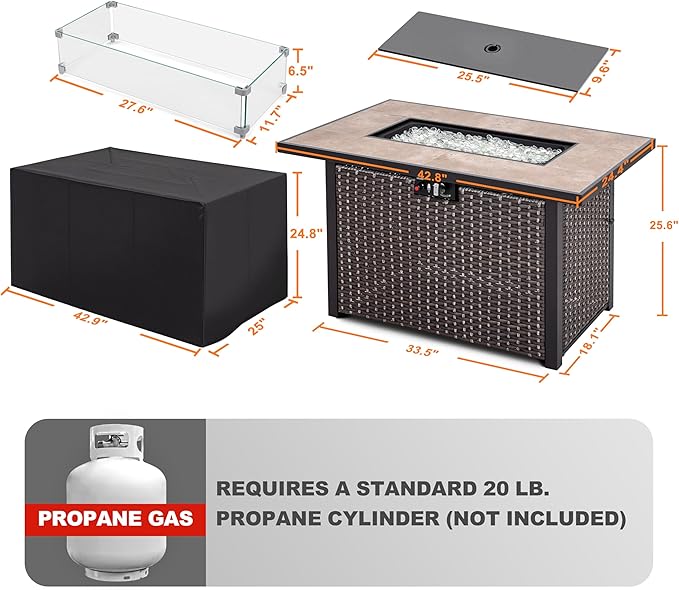 Nuu Garden 43" Propane Fire Pit Table, CSA Certified 50,000 BTU Outdoor Patio Propane Fire Pit Table with Fire Pit Wind Guard, Removable Lid, Ceramic Tabletop, Water-Proof Oxford Cover, Dark Brown